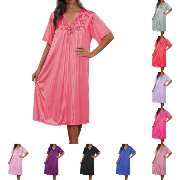 TIANZEN Ice Silk Nightgown Short Sleeved Loose Pajamas Embroidered Home Wear Dress Novelty Sleep Shirts Women