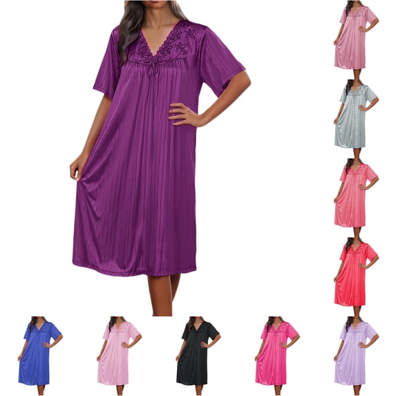 TIANZEN Ice Silk Nightgown Short Sleeved Loose Pajamas Embroidered Home Wear Dress Novelty Sleep Shirts Women