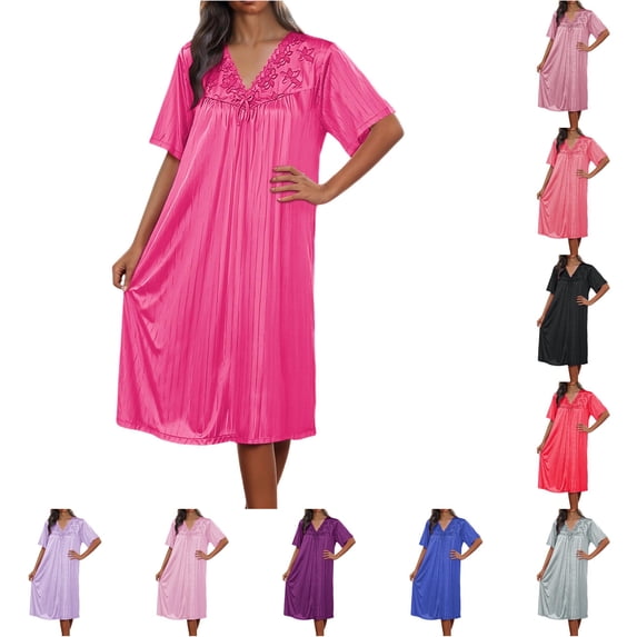 TIANZEN Ice Silk Nightgown Short Sleeved Loose Pajamas Embroidered Home Wear Dress Novelty Sleep Shirts Women