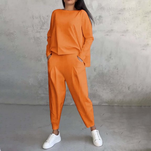 TIANZEN Ladies 2024 Solid Color Round Neck Thin Pocket Pants Pants Set Pant Suits for Women Dressy Wedding Striped Suit Women's plus Size Suits for Business