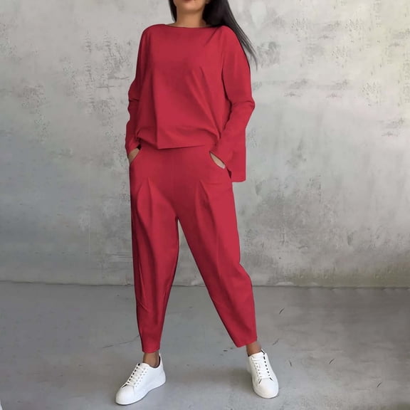 TIANZEN Ladies 2024 Solid Color Round Neck Thin Pocket Pants Pants Set Pant Suits for Women Dressy Wedding Striped Suit Women's plus Size Suits for Business