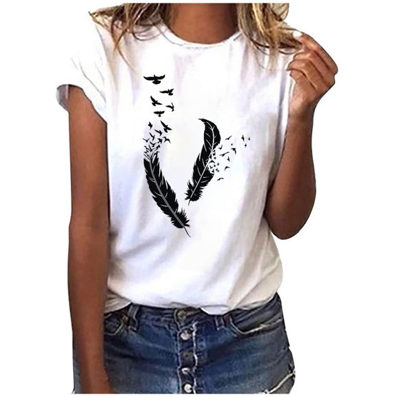 TIANZEN Ladies Fashion Leisure Feather Spring Summer Round 3 D Printing Short Sleeve T Shirt Short Sleeve Shirts for Women Women's Shirt