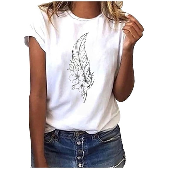 TIANZEN Ladies Fashion Leisure Feather Spring Summer Round 3 D Printing Short Sleeve T Shirt Short Sleeve Shirts for Women Women's Shirt