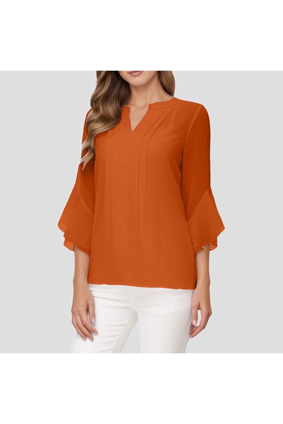 Ladies' Solid Color Leaf Three Quarter Sleeve Fashionable And Casual Loose V Neck Shirt Log Sleeve T Shirts for Women round Neck Tee Womens Button down Shirts