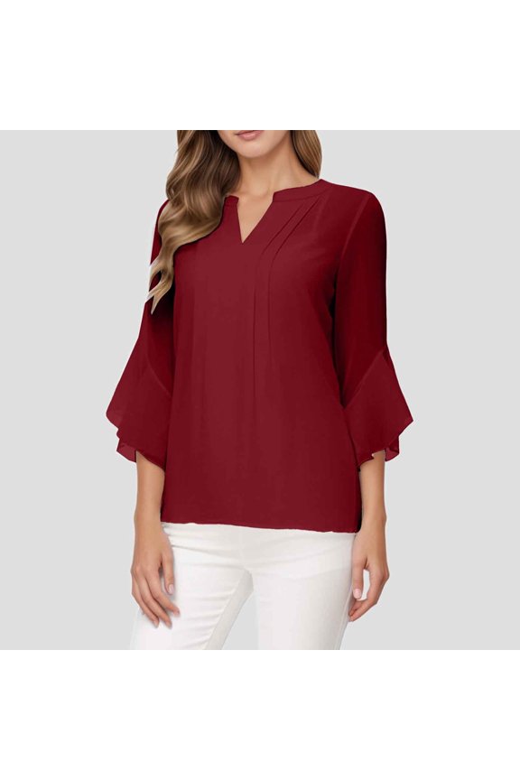 Ladies' Solid Color Leaf Three Quarter Sleeve Fashionable And Casual Loose V Neck Shirt Log Sleeve T Shirts for Women round Neck Tee Womens Button down Shirts