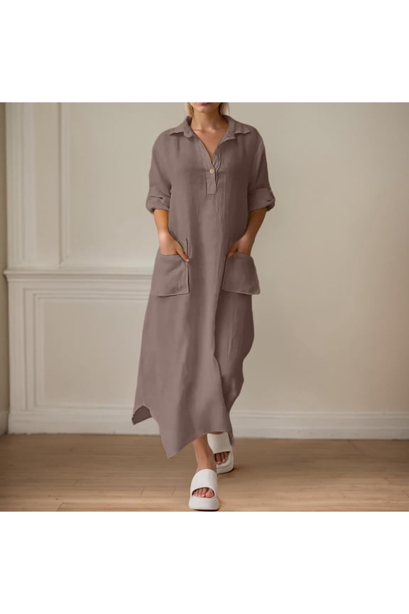 Linen Dress Long Skirt Shirt For Women Dress Woman And Elegant Large Size Solid Colour Dress Casual Lapel Casual Work Midi Dress Maternity Dresses Casual Business Casual Dress for Women
