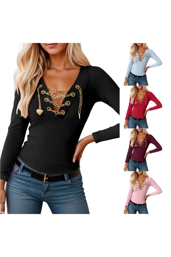 Long Sleeve T Shirt With Heart Shaped Metal Chain Detail Elegant Solid Color Casual Top For Women Casual Short Sleeve