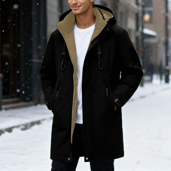 TIANZEN Long Winter Thickened Lined Outdoor Sports Jacket With Hood Warm Work Coat For Couples Men Winter Jacket Covering Zipper Coat for Men