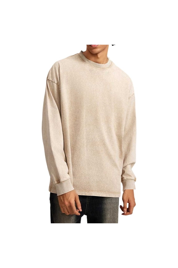 Male Pure Solid Color Distressed Loose Long Sleeved Round Neck Base Sweater Thin Hoodie Medium T Shirt