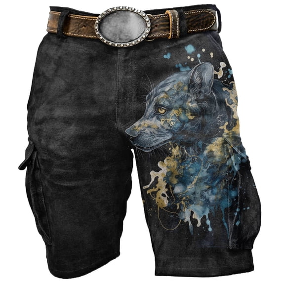 TIANZEN Male Short Print Shorts Pocket Full Print Button Zipper Pants Double Knee Working Pants for Men