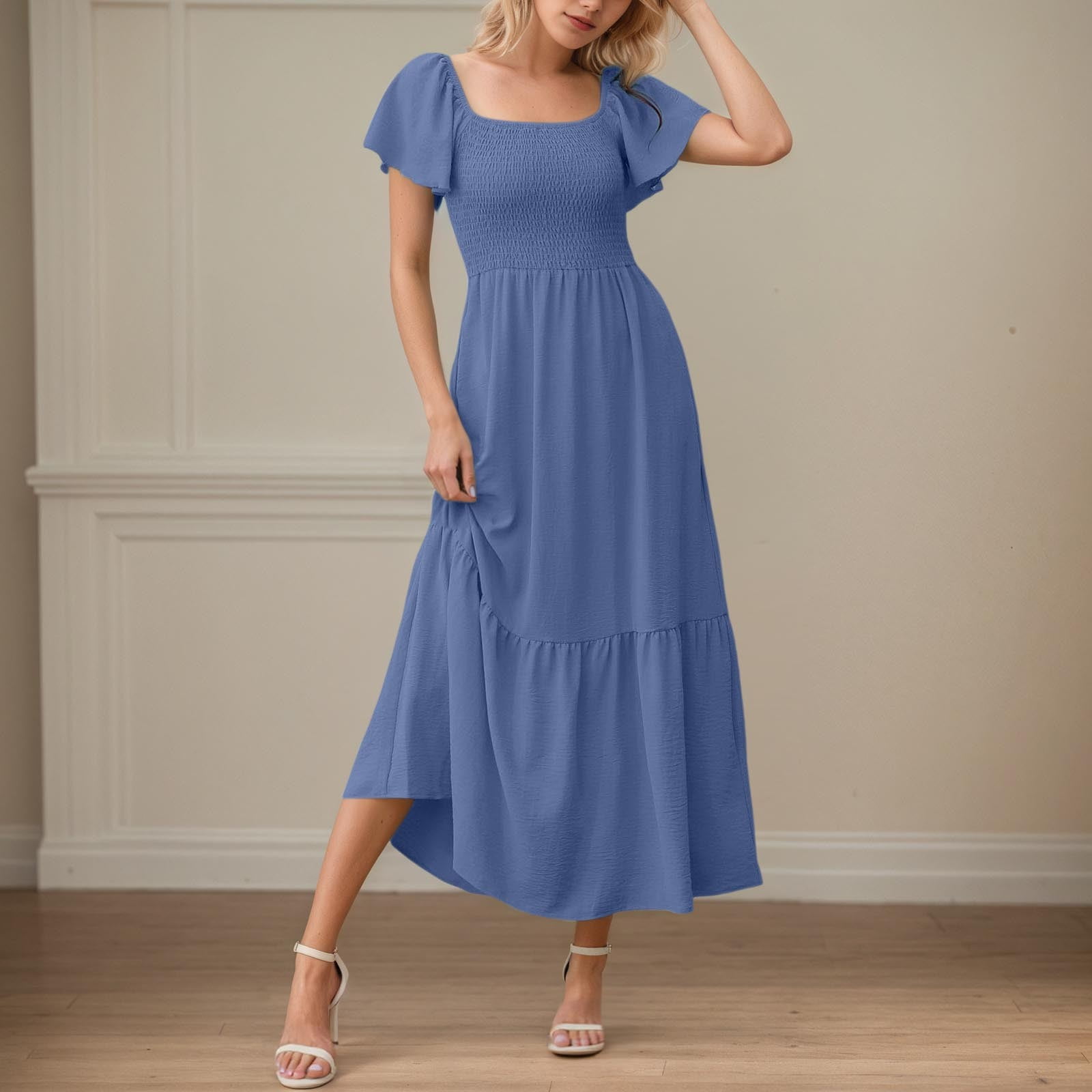 TIANZEN Maxi Dresses For Women Square Neck Flutter Sleeve Smocked Dress  With Pockets Smocked Dresses for Women Cute Maxi Dresses for Women Dress  Casual Women - Walmart.com