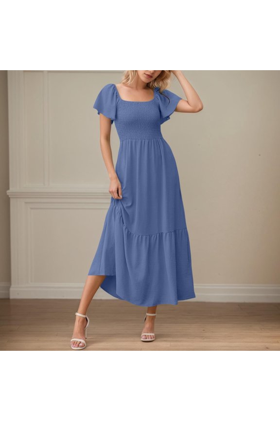 Maxi Dresses For Women Square Neck Flutter Sleeve Smocked Dress With Pockets Smocked Dresses for Women Cute Maxi Dresses for Women Dress Casual Women