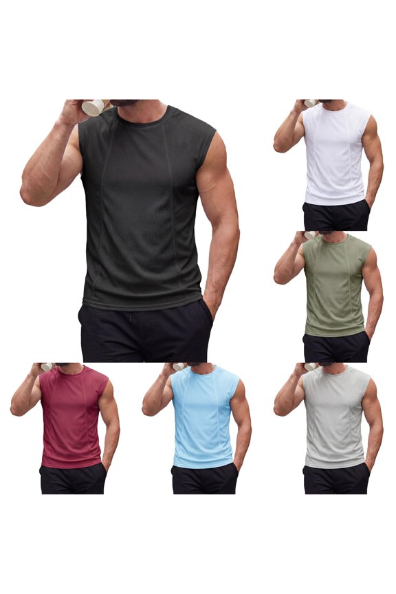Men's Casual Breathable Mesh Structured Solid Color Sleeveless Round Neck Wide Shoulder Turtleneck Shirt Men T Shirts Graphic Design