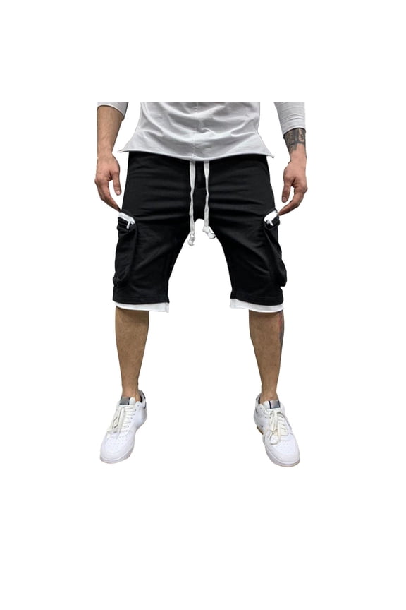 Men's Casual Mid Waist Cargo Pant Solid Splice Pocket Drawstring Shorts Guys Shorts 7 Inches