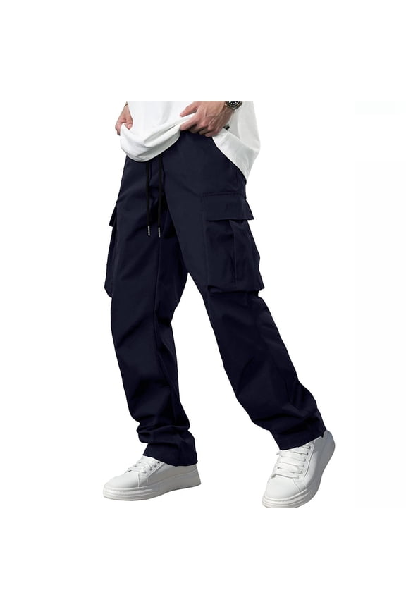 Men's Casual Solid Leggings Pants Drawstring Elastic Waist Pocket Pants Trousers Double Knee Thread Pants Men