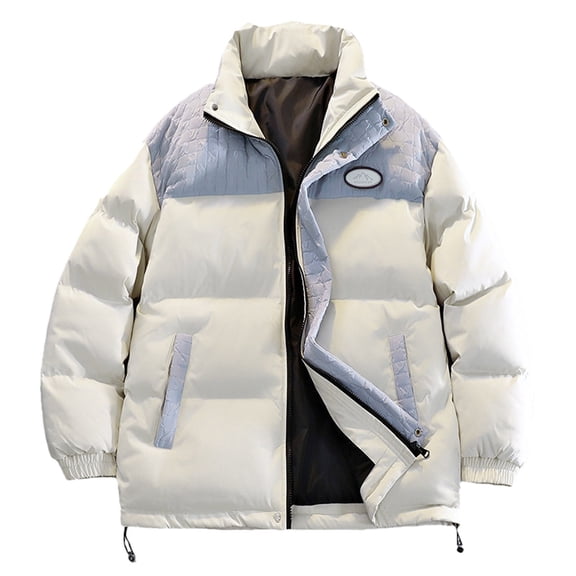 TIANZEN Men's Color Contrast Patchwork Standing Collar Padded Jacket Men's Winter Thick Warm Couple Loose Padded Jacket Jacket Trim Long Jacket Men