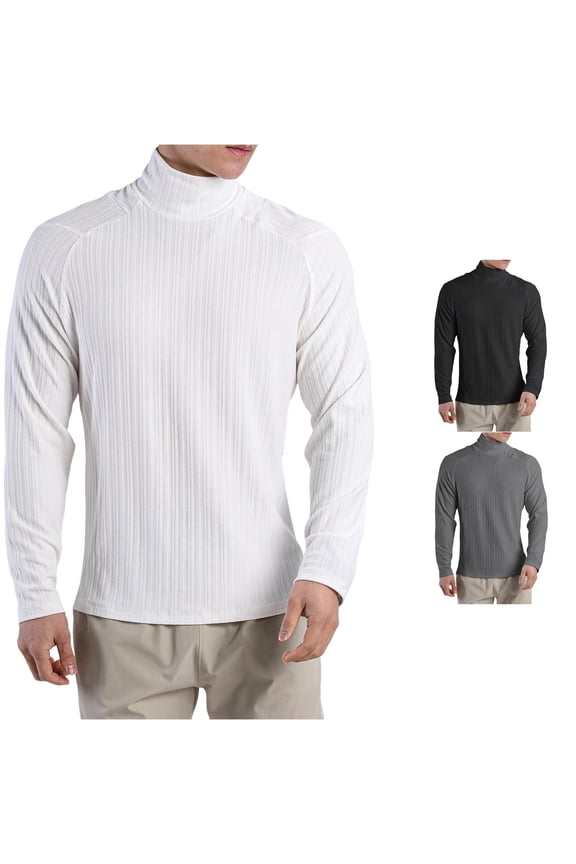 Men's High Neck T Shirt Pleated Textured Loose Long Sleeved Inner Bottom Shirt Men's Stretch Training Clothes Solid Color High Neck Tops Compression Shirt Men