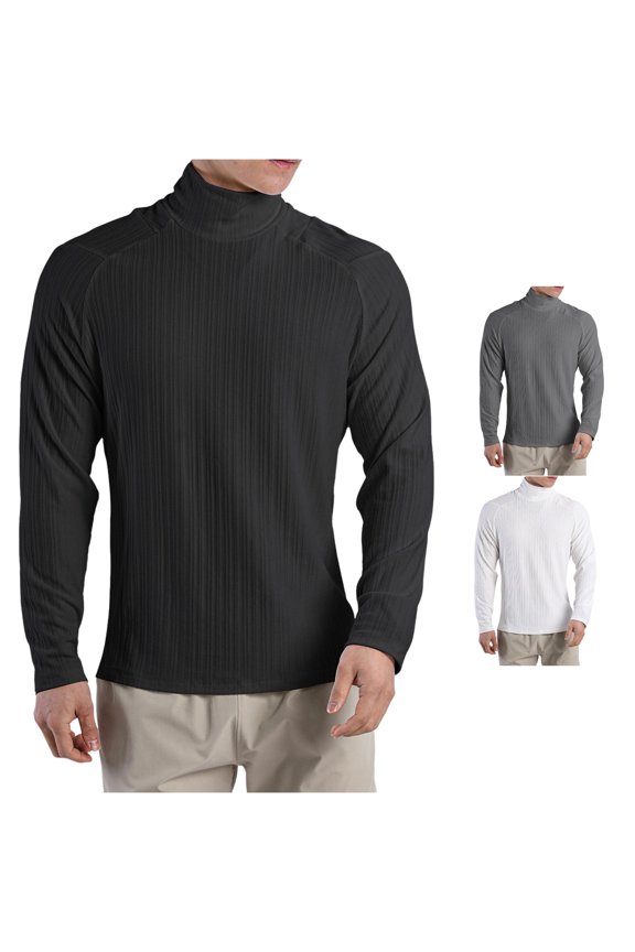 Men's High Neck T Shirt Pleated Textured Loose Long Sleeved Inner Bottom Shirt Men's Stretch Training Clothes Solid Color High Neck Tops Compression Shirt Men