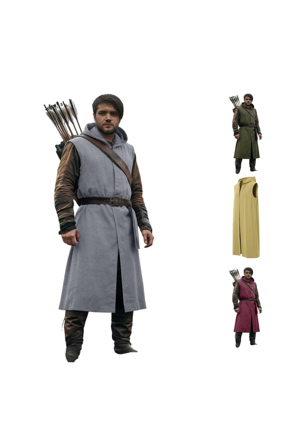Men's Hooded Surcoat Tabard Sleeveless Tunic Tops Cloak Heavy T Shirt