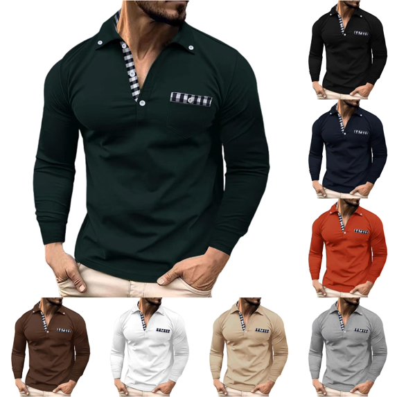 TIANZEN Men's Spring And Summer Daily Casual Patchwork Checkered Lapel Long Sleeved Top Mens Colla Shirt