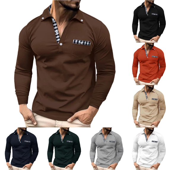 TIANZEN Men's Spring And Summer Daily Casual Patchwork Checkered Lapel Long Sleeved Top Mens Colla Shirt