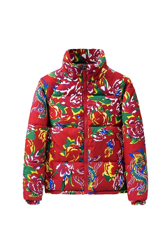 Men's Winter Thickened Casual Style Floral Printed Coat Jacket With Pockets The Outer Men's Winter Coat with Hood