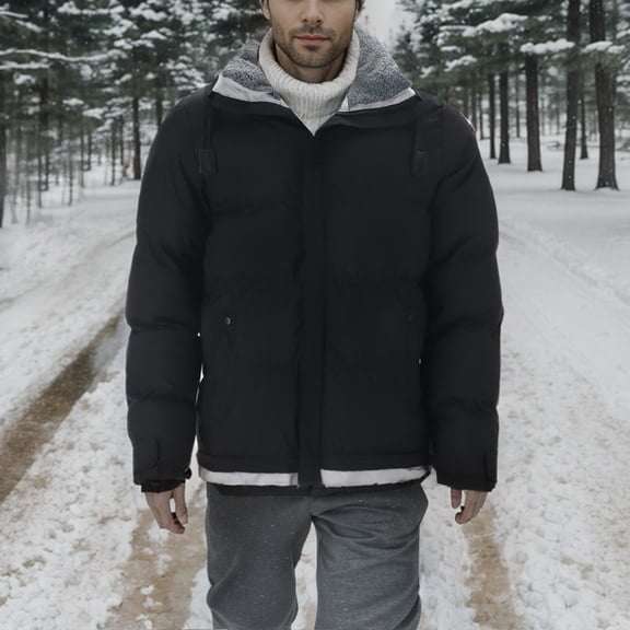 TIANZEN Men's Winter Thickened Casual Thermal Top Winter Warm Hooded Coat Leather Jacket with Zippers on Sleeves down Jacket in A Bag Men