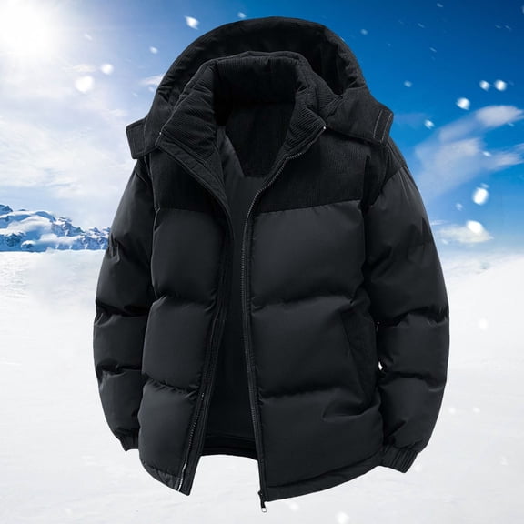 TIANZEN Men's Winter Thickened Warm Stand Up Collar Hooded Coat Casual Style Long Sleeved Coat Leather Jacket with Zippers on Sleeves Mens Coat with Hood