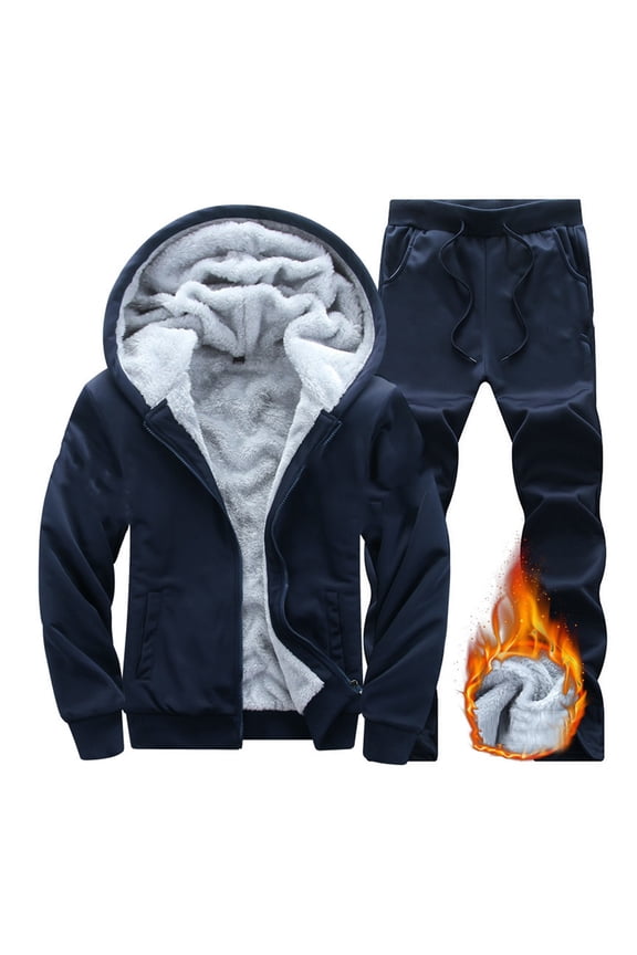 Mens Tracksuits 2 Piece Hoodeis Full Zip Sweatsuits Set Casual Winter Warm Sweatpants Suits Fall Outfit Mens Dress Clothes Set Suit Modern Fit