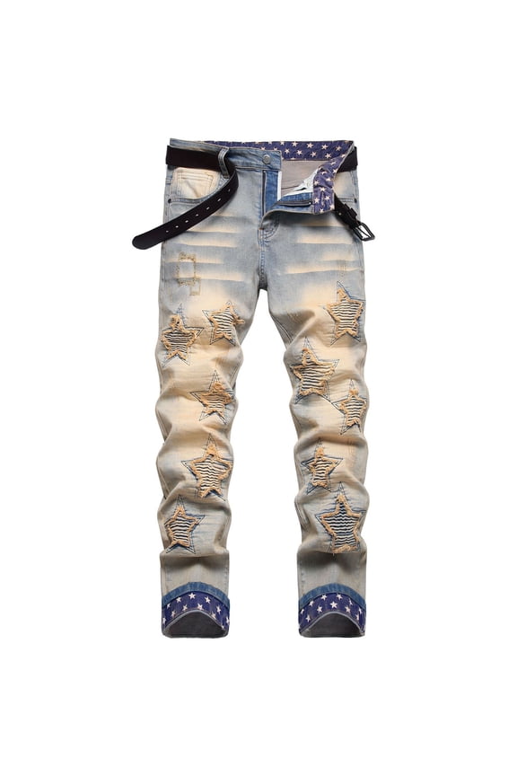 Mens Youth Street Embroidered Stretch Denim Pants With Hem 4 8 Denim Pants for Men