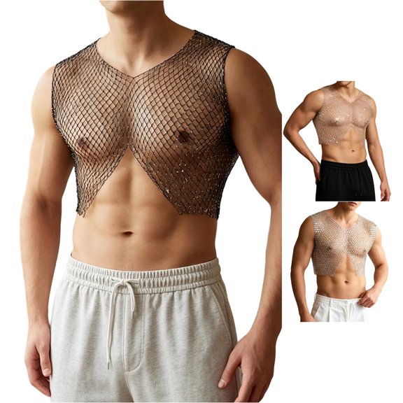 TIANZEN Mesh Pattern Mesh Net Top With Rhinestone For – Breathable Fishnet Tank Vest For Casual Streetwear And Clubwear Mens Compression Cold Gear