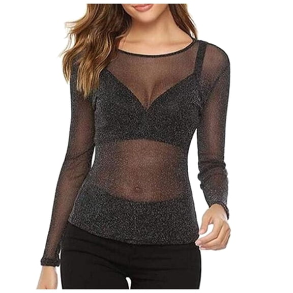 TIANZEN Mesh Top Women's Transparent Glitter Mesh Top Black Transparent Long Sleeve Shirt Womens Women Shirts Compression Blank Athletic Shirts