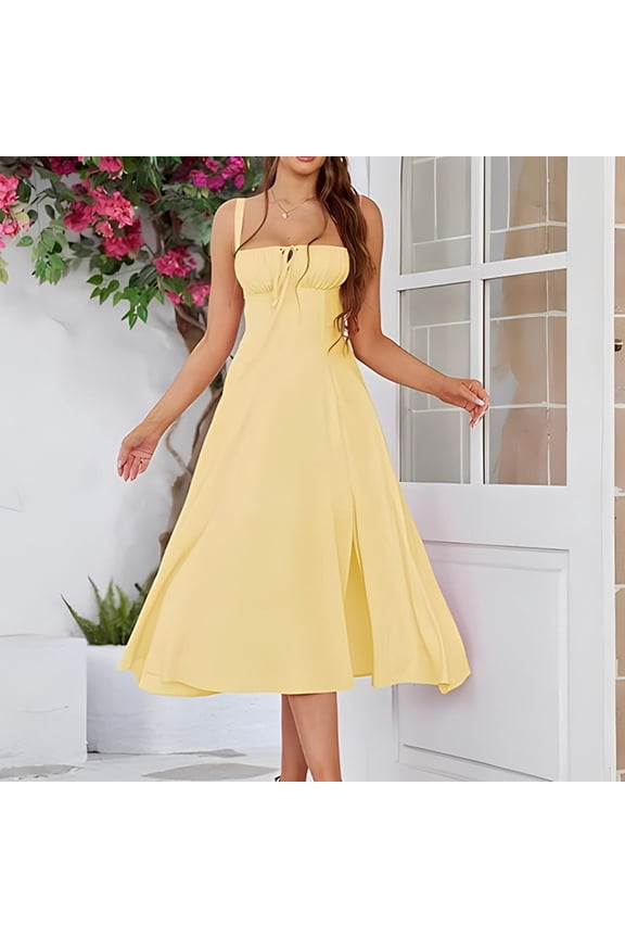 New Slim Waisted Slit Drawstring Strappy Dress Summer Womens Dresses Summer Dress with Sleeves for Women Womens Beach