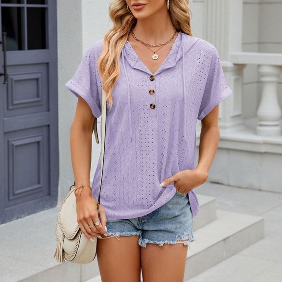 TIANZEN New Solid Color Button Hooded Loose Short Sleeve T Shirt Top Tech Pack Women Running Shirt Long Sleeve T Shirts for Women