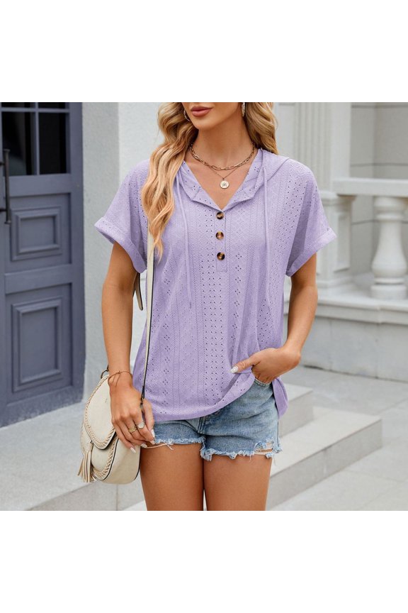 New Solid Color Button Hooded Loose Short Sleeve T Shirt Top Tech Pack Women Running Shirt Long Sleeve T Shirts for Women