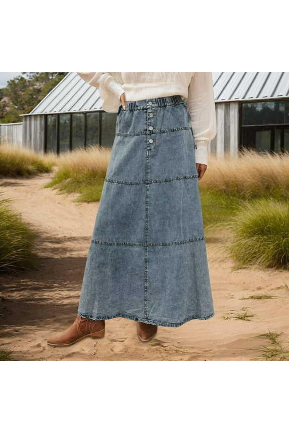 New Women's Boho A Line Layered Patchwork Denim Skirt Hoop Skirt for Girls Full Bed Skirts Long Skirts for Women High Waist