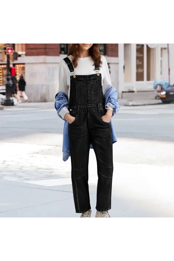 Overalls For Women Casual Adjustable Strap Baggy Denim Overalls Rompers Barrel Leg Jean Jumpsuit With Pockets Linen Pants Suits for Women Long Leg Rompers for Women