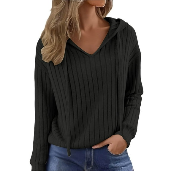 TIANZEN Plus Size Hooded Long Sleeve Sweatshirt Fall Winter Solid Color Ribbed Knit Lined Relaxed Fit Tunic Top 2x Blouse Lace Tops for Women plus Size Dress Tops for Women