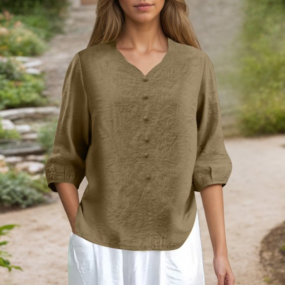 TIANZEN Plus Size Linen Blend Mid Sleeve Embroidered V Neck Top For Summer Women Winter Shirts plus Size Cute Dressy Tops for Women Womens with Lace Trim