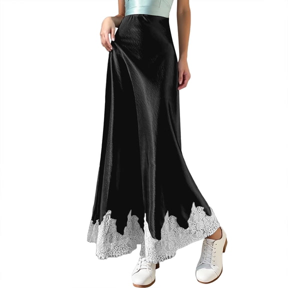TIANZEN Satin Skirt With Allover Lace Trim High Waist Elegant Bodycon Midi Length Flowy Draped Ladies Fashion Long Skirts School Skirt