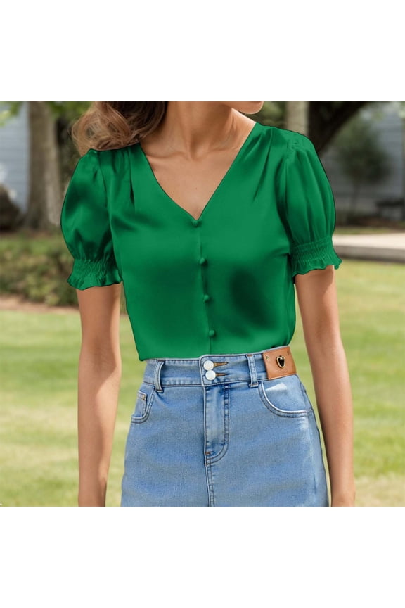 Satin V Neck Button Up Blouse For Women Casual Short Sleeve Shirt With Ruffle French Style Fashion Top Womens Dress Shirts Long Sleeve Sunblock Shirt Women 50 Clothes for Women
