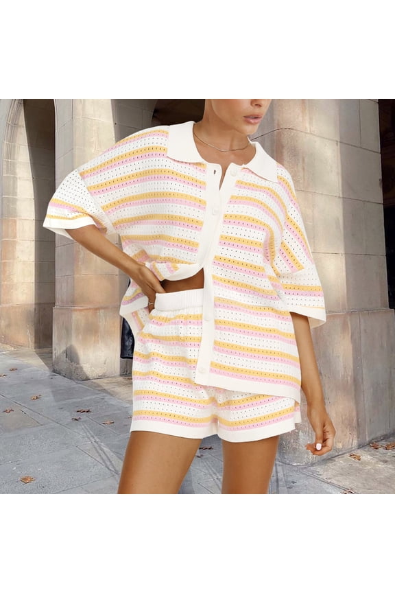 Sets For Women Striped Knit Set Color Block Button Top And Shorts Two Piece Loungewear Beach Dress Bikini Cover up Swimsuit Shorts for Women Strapless Swimsuit Tops for Women