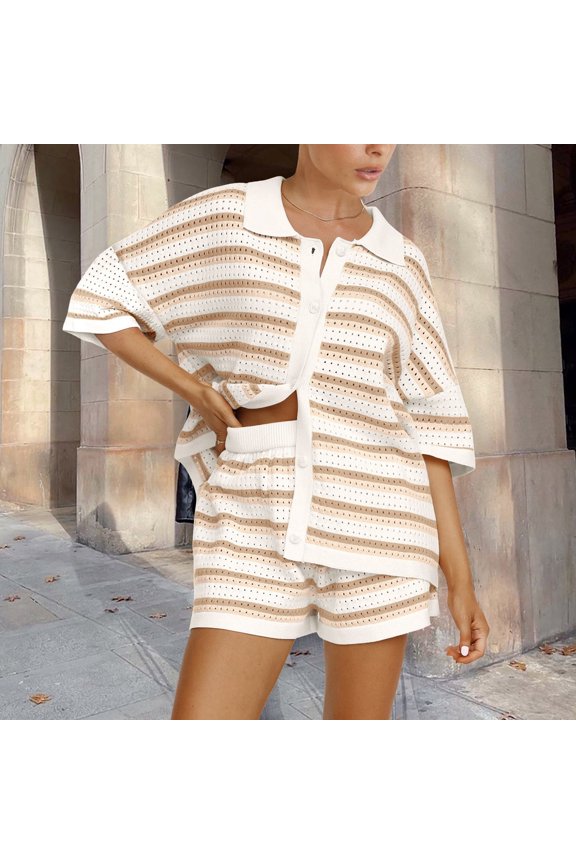 Sets For Women Striped Knit Set Color Block Button Top And Shorts Two Piece Loungewear Beach Dress Bikini Cover up Swimsuit Shorts for Women Strapless Swimsuit Tops for Women