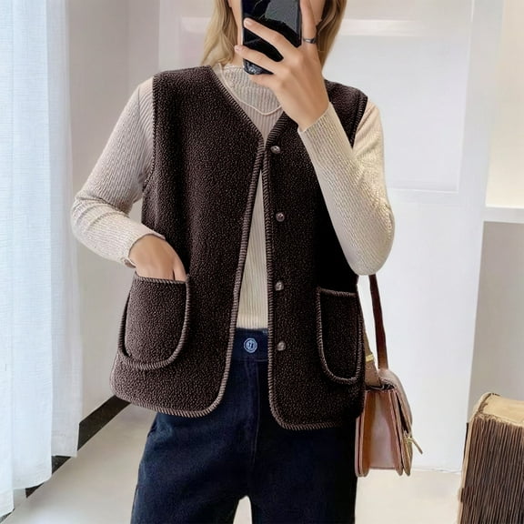 TIANZEN Shearling Vest Winter Warm Lined Sleeveless Jacket Cozy Teddy Stand Collar Outerwear For Cold Weather Half Zip Vest Quilted Riding Jacket Vest Zip