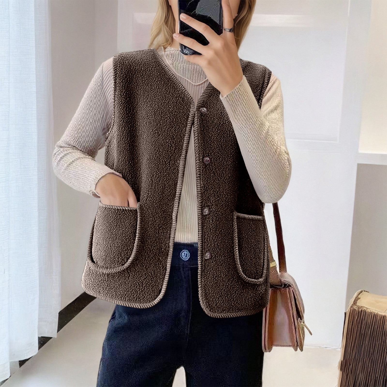 TIANZEN Shearling Vest Winter Warm Lined Sleeveless Jacket Cozy