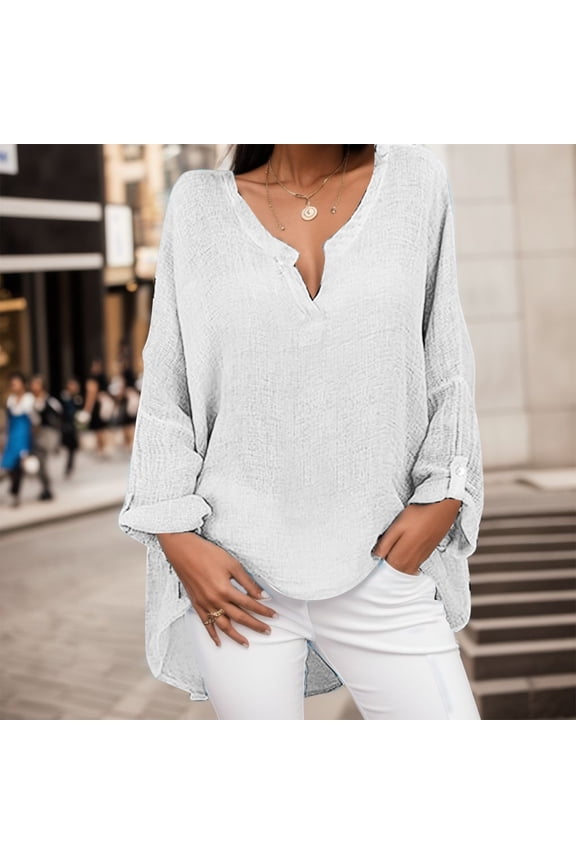 Sleeve Shirt V Neck Solid Top Plus Casual Women Size Color Long Blouse Loose Women's Blouse Ladies Athletic Wear Women Running Shirt Long Sleeve Womens Top Extra Long