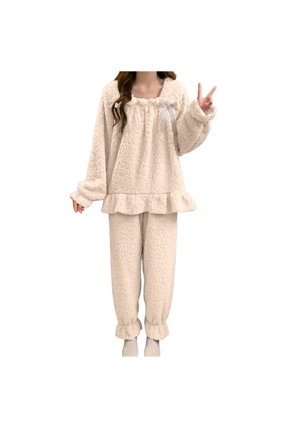 Soft Winter Flannel Pajama For Cozy Long Sleeve Thermal Sleepwear With Elegant Jacquard Pattern Comfortable Loungewear Two Piece Outfit For Cold Nights Satin Clothes Ladies Shorty Pajamas