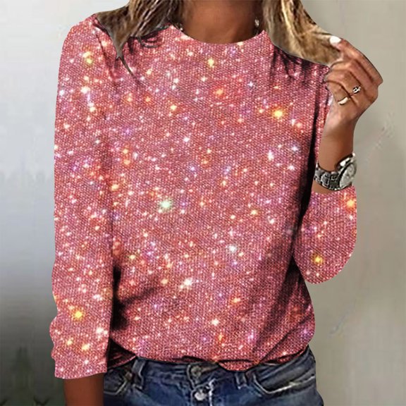 TIANZEN Spring Shirts For Women Sparkly Boho Print Long Sleeve Tunic Tops Crew Neck Sweatshirt Pullover Blouses Ladies Clothes Womens Loose Fit Workout Shirts Long Sleeved Shirts Womens