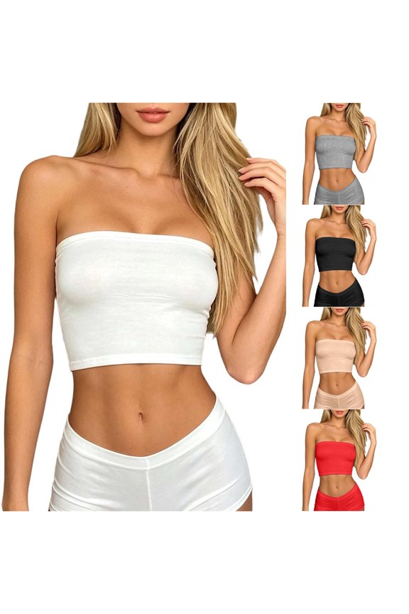 Strapless Tube Top Long Length Seamless Bandeau Crop Top Basic Stretchy Bustier Undergarment Plus Size Sheer Sleeves for under Dresses
