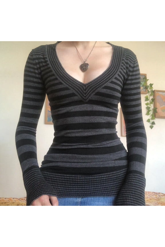 Striped Long Sleeve Slim Tops Color Block Square Collar Tee Autumn Winter 90s Shirts Tech T Shirt Casual Summer Shirts Small Long Sleeve Shirt